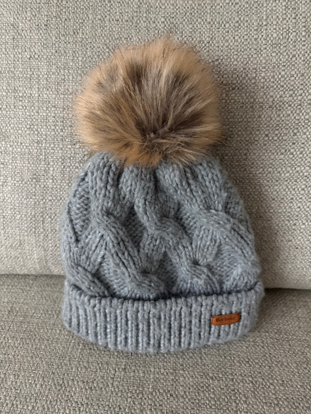 Barbour Cable Knit Faux Fur Pom Beanie